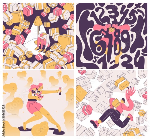 Concept square illustrations with people suffering from OCD. Pink, yellow and dark purple, outline style. Obsessive compulsive disorder for buying and collecting things, cleaning and counting