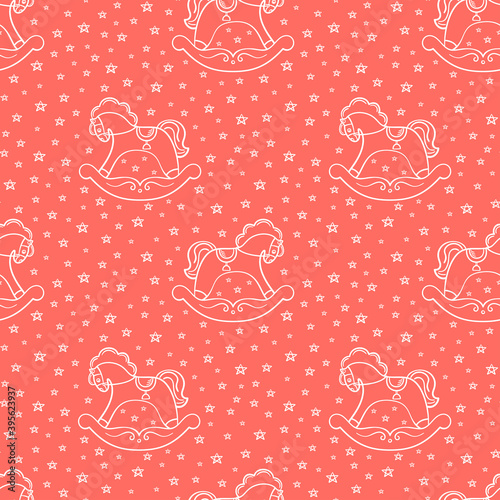 Seamless pattern with the hand drawn rocking horses is on the red background. The save with the Clipping Mask.