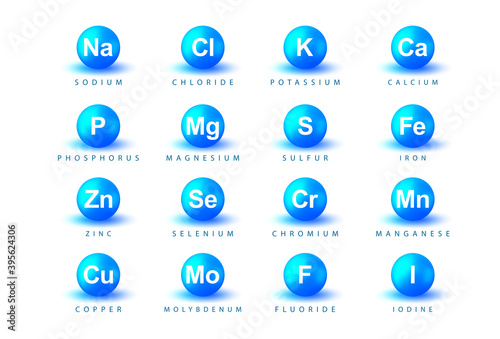 Minerals. Macrominerals and microminerals set, collection. Na, Cl, K, Ca, P, Mg, S, Fe, Zn, Se, Cr, Mn, Cu, Mo, F, I. Nutrition illustration. Dietary elements. Minerals for life. Medical background