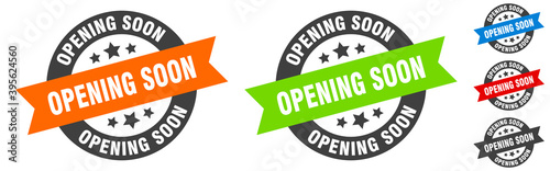 opening soon stamp. opening soon round ribbon sticker. tag