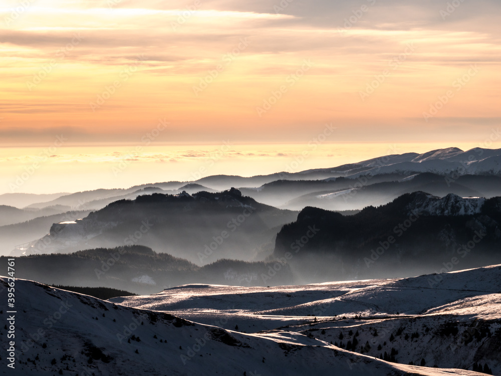 sunset in the mountains, lanscape with snow