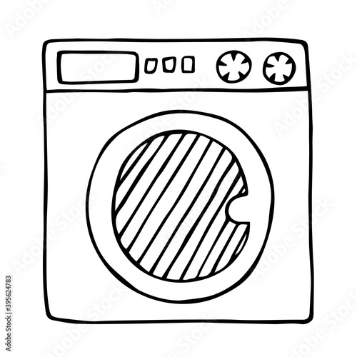Washing machine, black outline isolated on white background. Household appliance. Hand drawn doodle sketch. Vector element for home cleaning tools, laundry, domestic chores illustration.
