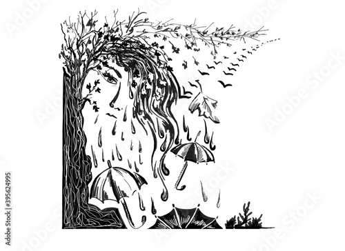 Autumn landscape. A tree is drawn that turns into the face of a girl, she is crying, her tears are rain, umbrellas are drawn nearby and migratory birds are drawn with a black pen. 