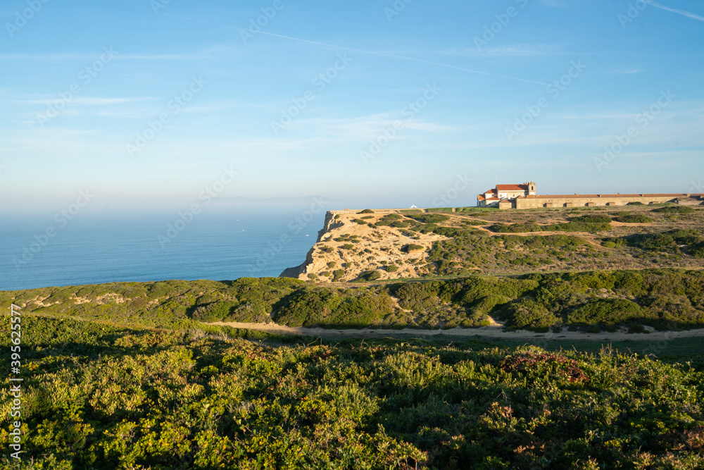 Cape Espichel church Santuario de Nossa Senhora with landscape in Portugal