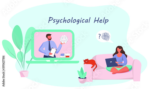 Online Psychological Help.Psychologist Doctor Helps Patient to Unravel Tangled Thoughts.Psychotherapist  Online.Male Patient Having Individual Psychological Therapy Session.Flat Vector Illustration