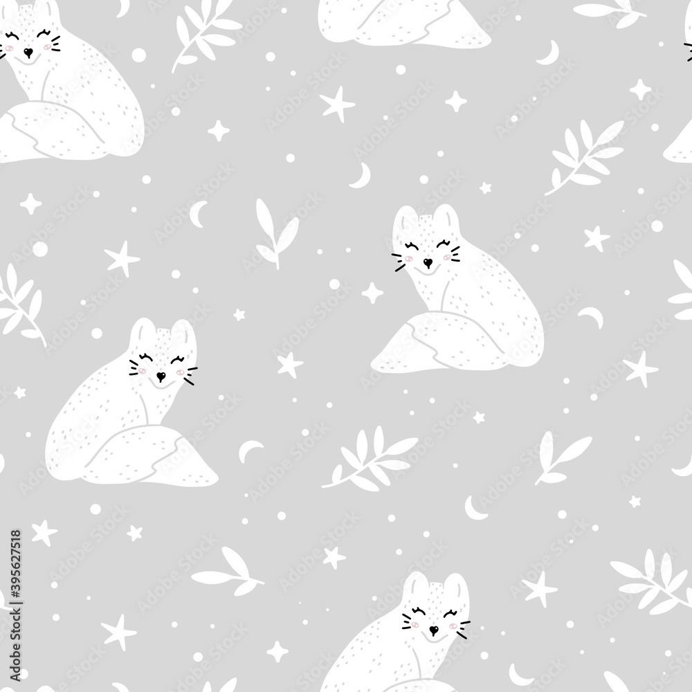 Cute nursery pattern with artic fox, moon, stars and snowflakes around. Winter hand drawn vector illustration in Scandinavian style. Cute nursery pattern with artic fox, moon, stars and snowflakes around. Winter hand drawn vector illustration in Scandinavian style.