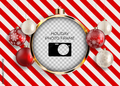 Holiday Photo Frame Template. Merry Christmas and Happy New Year Background. ...