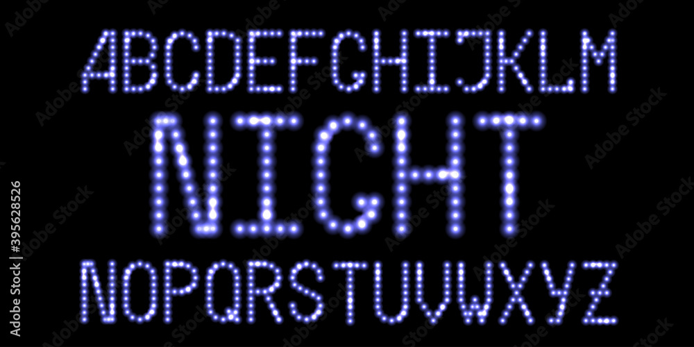 LED font with blue neon glowing light effect. Luminous dotted letters, digital alphabet with shine flare. Christmas night design. Vector illustration LED font with blue neon glowing light effect. Luminous dotted letters, digital alphabet with shine flare. Christmas night design. Vector illustration