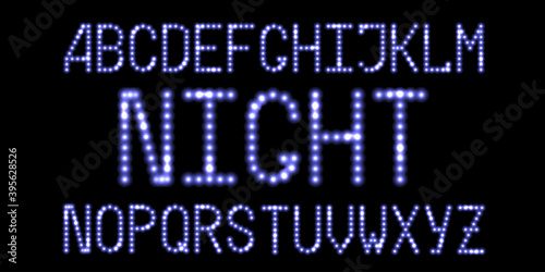 LED font with blue neon glowing light effect. Luminous dotted letters, digital alphabet with shine flare. Christmas night design. Vector illustration