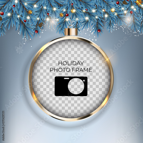Holiday Photo Frame Template. Merry Christmas and Happy New Year Background. ...