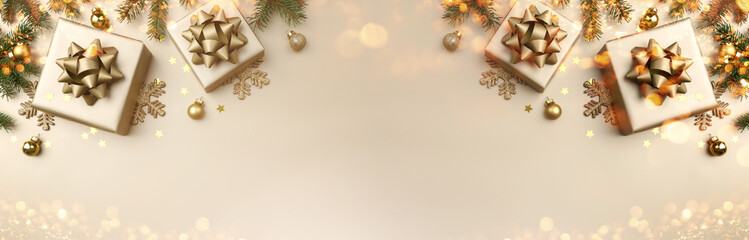 Merry Christmas card made of golden Christmas gift boxes with bows on gold background. Xmas and New Year holiday banner with bokeh, light, glitter. Flat lay, top view