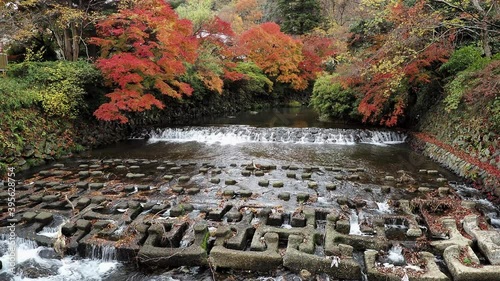 Kyoto,Japan-November 23, 2020: Takano river flowing in the rain at Yasenose area in Kyoto
 photo
