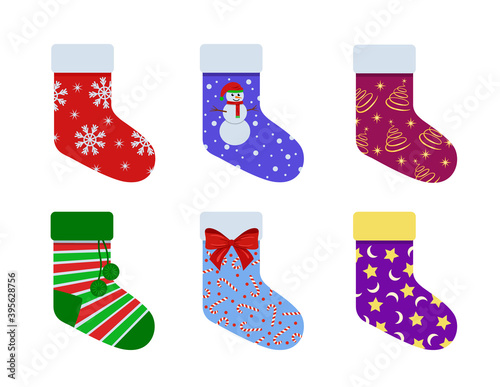 Set of Christmas socks. Collection of socks isolated on white background. Stock vector illustration.