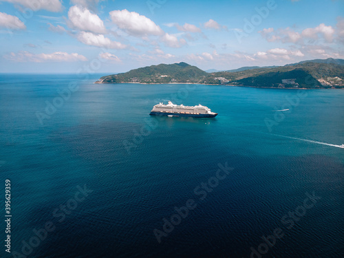 Large Cruise ship sailing across The Andaman sea - Aerial image. Beautiful sea landscape