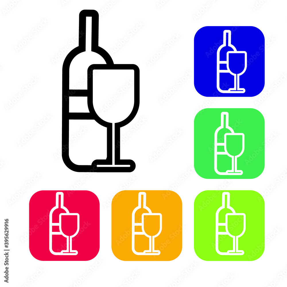 Thin Line Wine Bottle and Stem Glass Icon on Multi-Colored Squares with ...