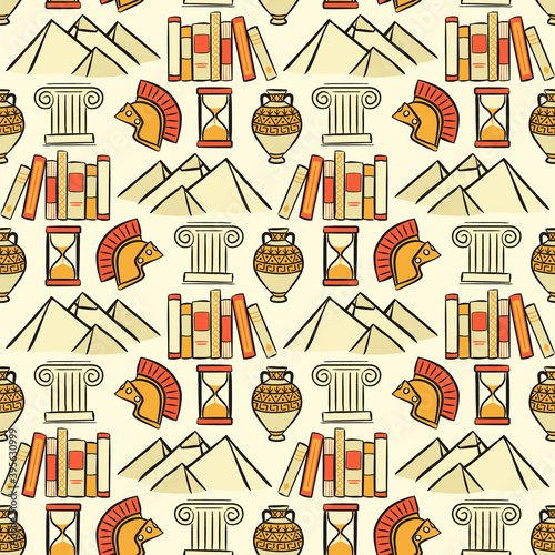 Seamless pattern of the school subject of history. Sand background with pyramids, scrolls, hourglass, archeology and Roman helmet in doodle style. Vector illustration for educational projects.