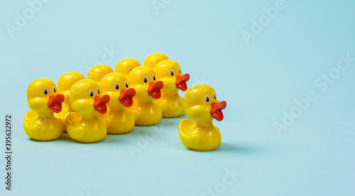 yellow ducklings on a blue background, one in the centre of the business concept of teamwork