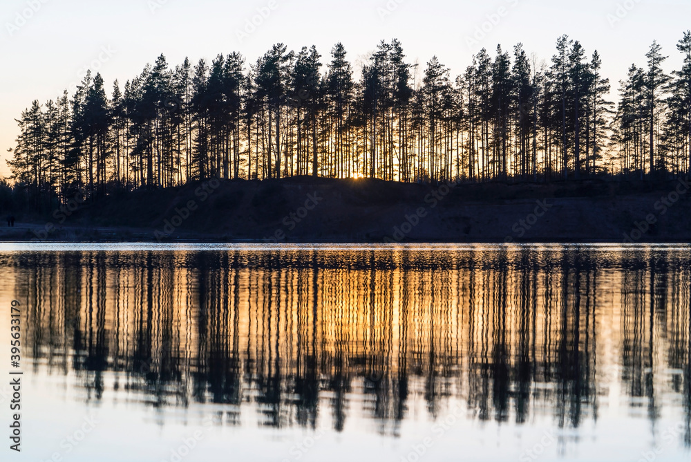 Dark silhouette of a forest at sunset with a reflection in the lake. Dark silhouette of a forest at sunset with a reflection in the lake.