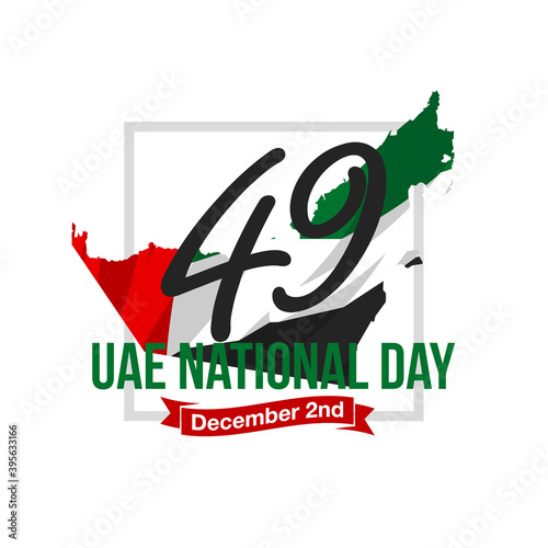 49 National day banner with UAE flag isolated on white. 49 UAE National day Spirit of the union United Arab Emirates, Flat design Logo Anniversary Celebration Abu Dhabi Card with country contour map