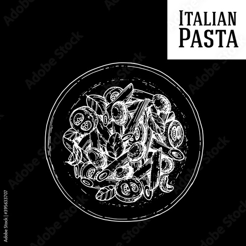 Penne pasta dish vector illustration. Italian cuisine. Pasta dish. Hand drawn sketch illustration. Italian food. Top view.