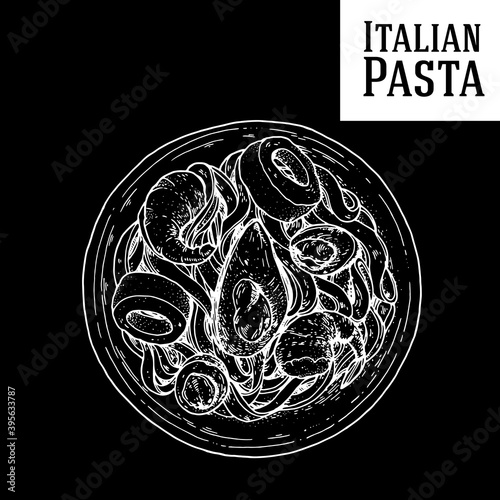 Pasta dish vector illustration. Italian cuisine. Pasta dish. Hand drawn sketch illustration. Italian food. Top view.