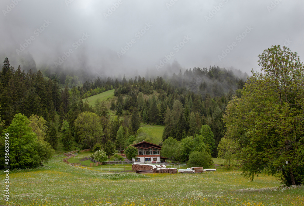 Small settlements located high in the Alps among green meadows and dense coniferous forest.