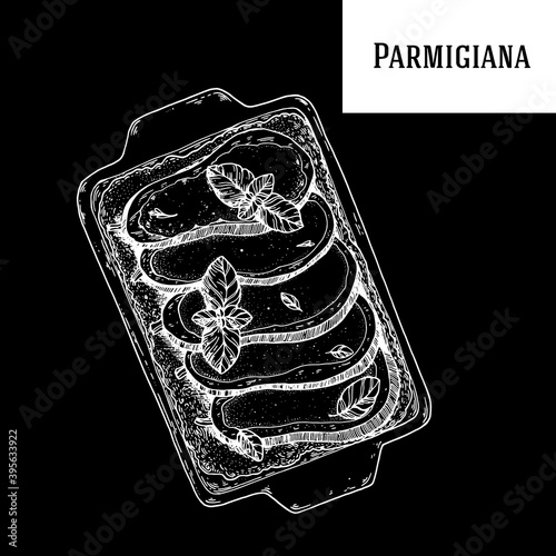 Parmigiana sketch vector illustration. Italian cuisine. Parmigiana dish. Hand drawn sketch illustration. Italian food. Top view.