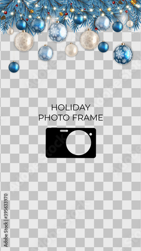 Holiday Photo Frame Template. Merry Christmas and Happy New Year Background. ...