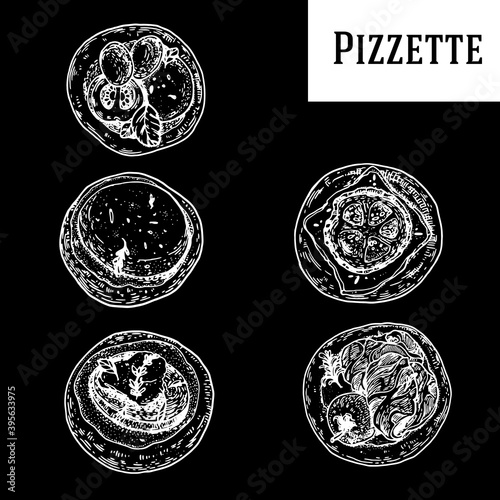 Italian Pizzetta hand drawn vector illustration. Smal Pizza top view. Packaging design template. Sketch illustration.
