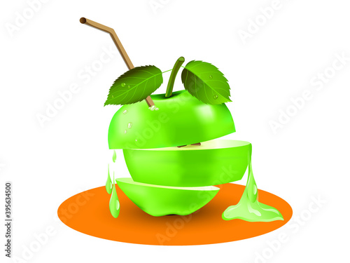 Ripe green apple, cut into pieces, from which juice flows and a cocktail straw is inserted. Vector illustration for design.