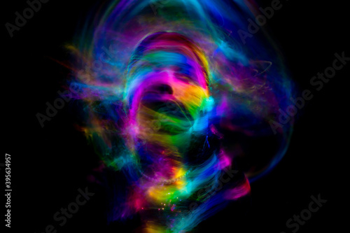 lightpainting portrait, new art direction, long exposure photo , light drawing at long exposure