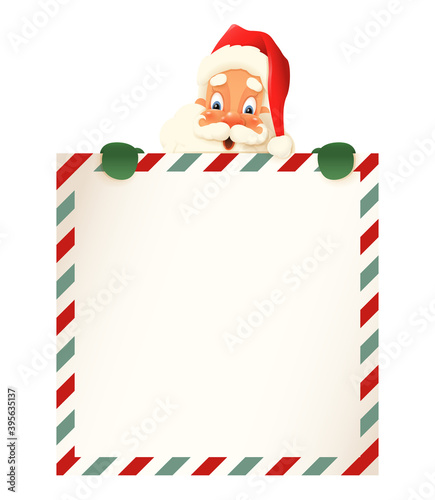 Cute Santa Claus peeking on top of letter  - vintage vector illustration