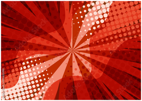 Abstract red striped retro comic background with halftone corners and wavy shapes. Cartoon orange background with stripes and half tone pattern for comics book, advertising design, poster, print