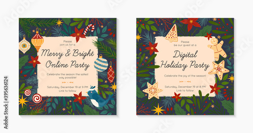 Set of Christmas and Happy New Year virtual party invitation templates during covid 19.Modern vector layouts with traditional winter holiday symbols.Xmas trendy designs for banners,prints,social media