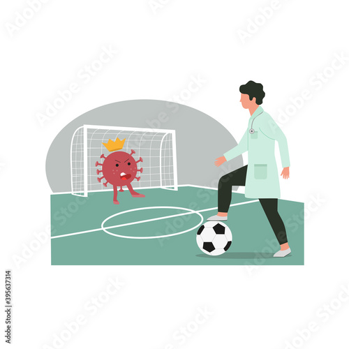 Soccer, football, doctor. Stop covid consept. Cancellation of football events, soccer matches 2020 Coronavirus infection, covid-19. Flat vector illustration, isolated objects. 