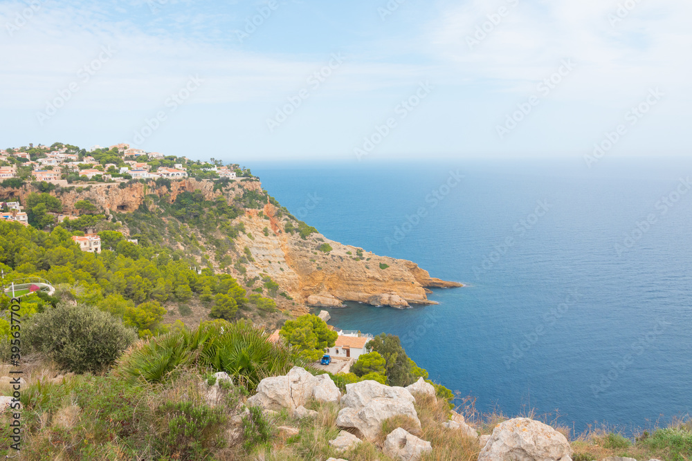 Viewing point from Cape de la Nau (Cabo de la Nau), Alicante province, Valencian community, Spain. Beautiful cliff landscape and seascape. Close to Xavia.