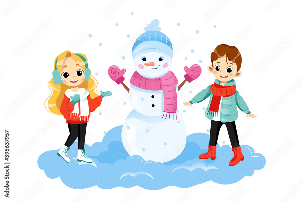 Two Children Characters Standing Near Big Snowman Smiling. Vector  Illustration On White Background In Cartoon Flat Style. Boy And Girl  Wearing Winter Clothes Actively Spending Time Outside In Snow Stock Vector |