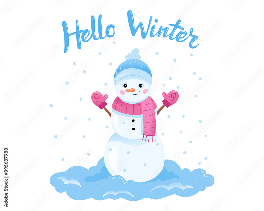 Hello Winter Placard Type Vector Illustration On White Background With  Writing. Cartoon Composition In Flat Style With Smiling Snowman And  Snowflakes Near. Poster Layout, Christmas And New Year Time Stock Vector |