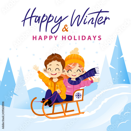 Happy Winter And Holidays Colourful Writing On Winter Forest Background. Vector Illustration In Cartoon Flat Style With Male And Female Children Characters Sledding Together From Hill. Friendship