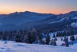 Picturesque winter alps sunrise. Highest ridge of the Ukrainian Carpathians is Chornohora with peaks of Hoverla and Petros mountains. View from Svydovets ridge and Dragobrat ski resort.
