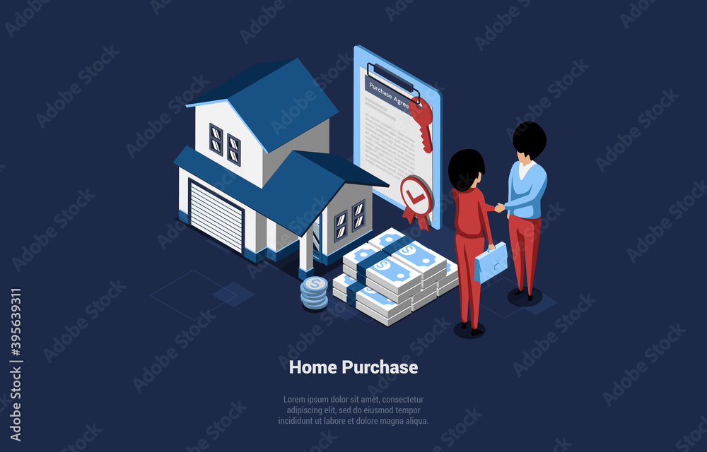 Home Purchase Vector Isometric Illustration. Cartoon 3D Style Composition Of House Buying And Selling Concept. Two People Shaking Hands Near Small Building, Banknotes Heap And Signed Estate Contract Home Purchase Vector Isometric Illustration. Cartoon 3D Style Composition Of House Buying And Selling Concept. Two People Shaking Hands Near Small Building, Banknotes Heap And Signed Estate Contract