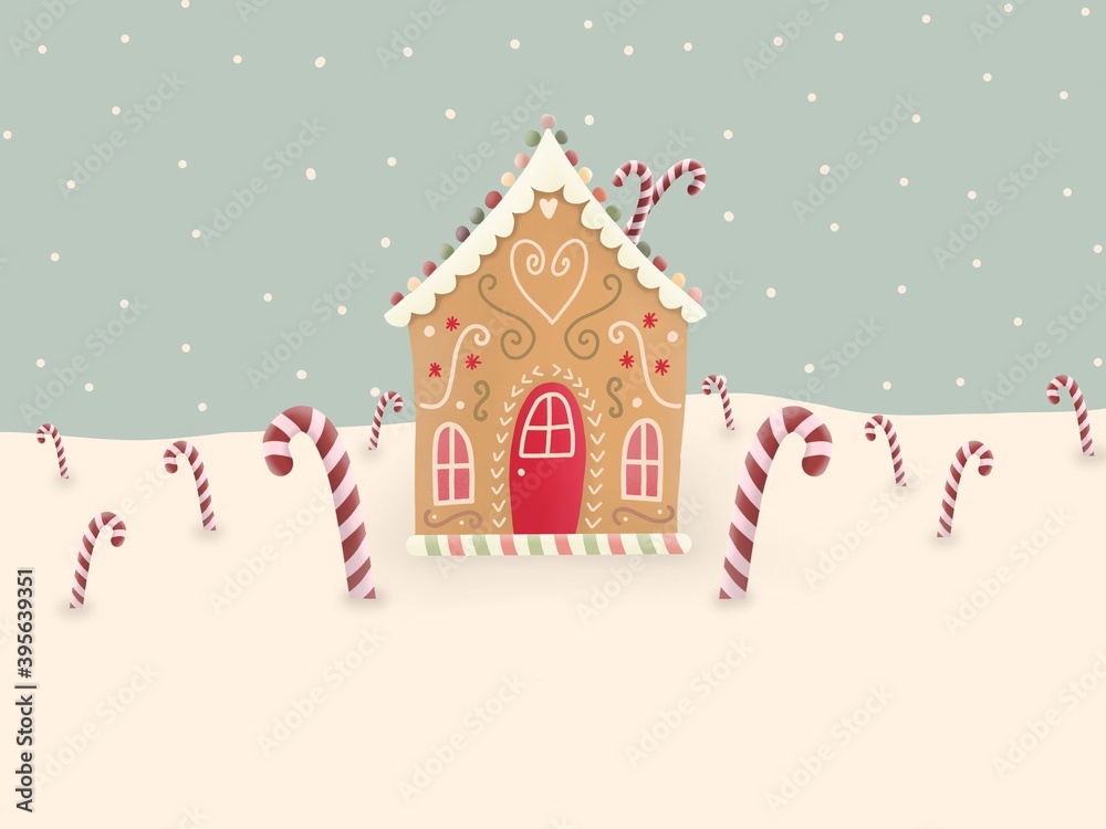 Christmas card with gingerbread house in snow. A lot of sugar canes.