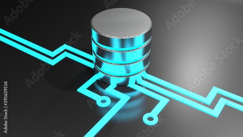 DATABASE technology concept image with metallic disks and blue light - 3D rendering illustration