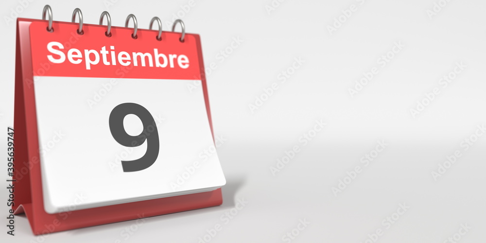 September 9 date written in Spanish on the flip calendar, 3d rendering September 9 date written in Spanish on the flip calendar, 3d rendering
