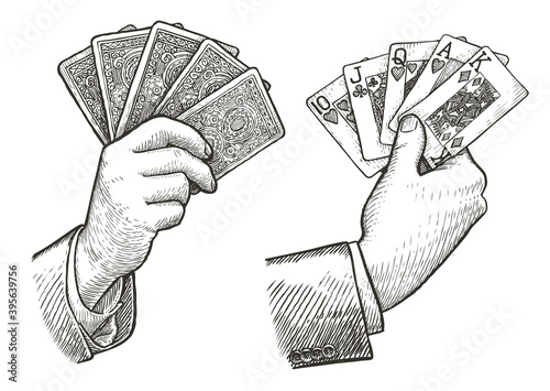 Poker cards Straight Flush in hand. Playing cards sketch vintage vector illustration