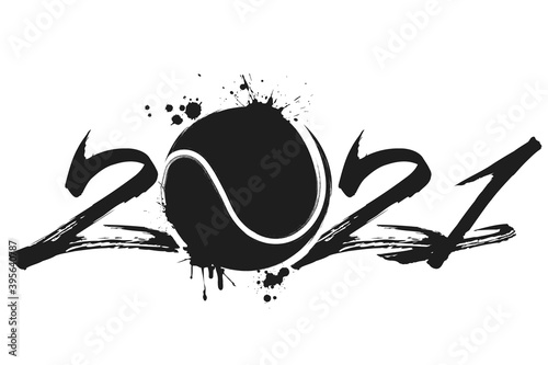 Abstract numbers 2021 and tennis ball made of blots in grunge style. 2021 New Year on an isolated background. Design pattern. Vector illustration