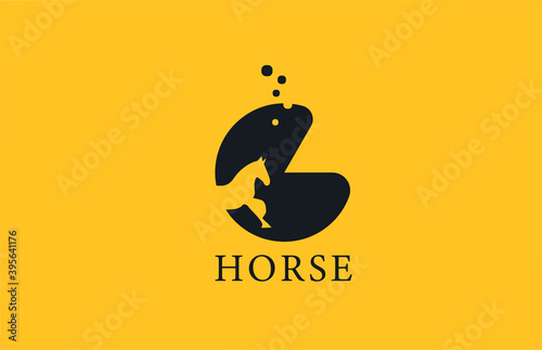 G yellow black horse alphabet letter logo icon with stallion shape inside. Creative design for business and company