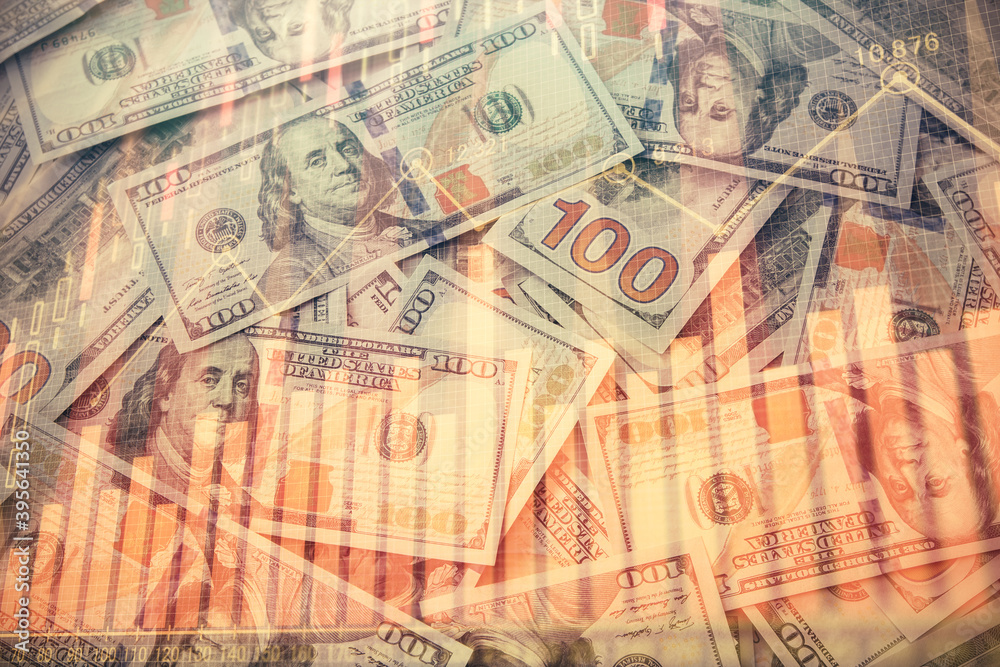 Multi exposure of forex chart drawing over us dollars bill background. Concept of financial success markets. Multi exposure of forex chart drawing over us dollars bill background. Concept of financial success markets.