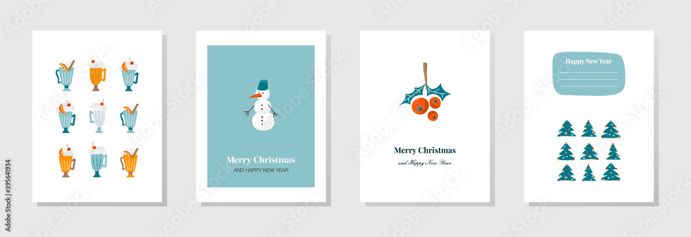 Christmas hand drawn cards with fir trees, snowman, snowflakes, fir branch, balls and ice cream. Vector illustration in flat style with trees and text. New Year Cards and Flyers