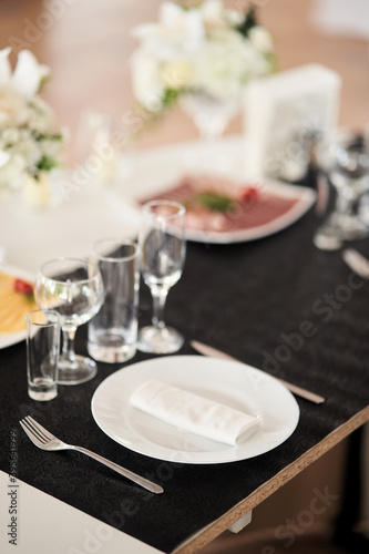 Table set for an event party or wedding reception.